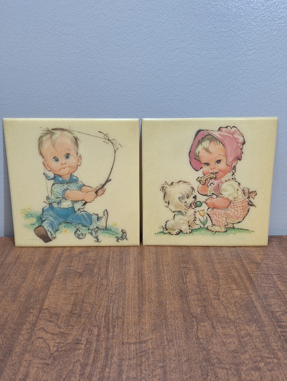 Vtg 1960s Pete Hawley Celluloid Boy & Girl 2 Wall Plaques Nursery Home Decor